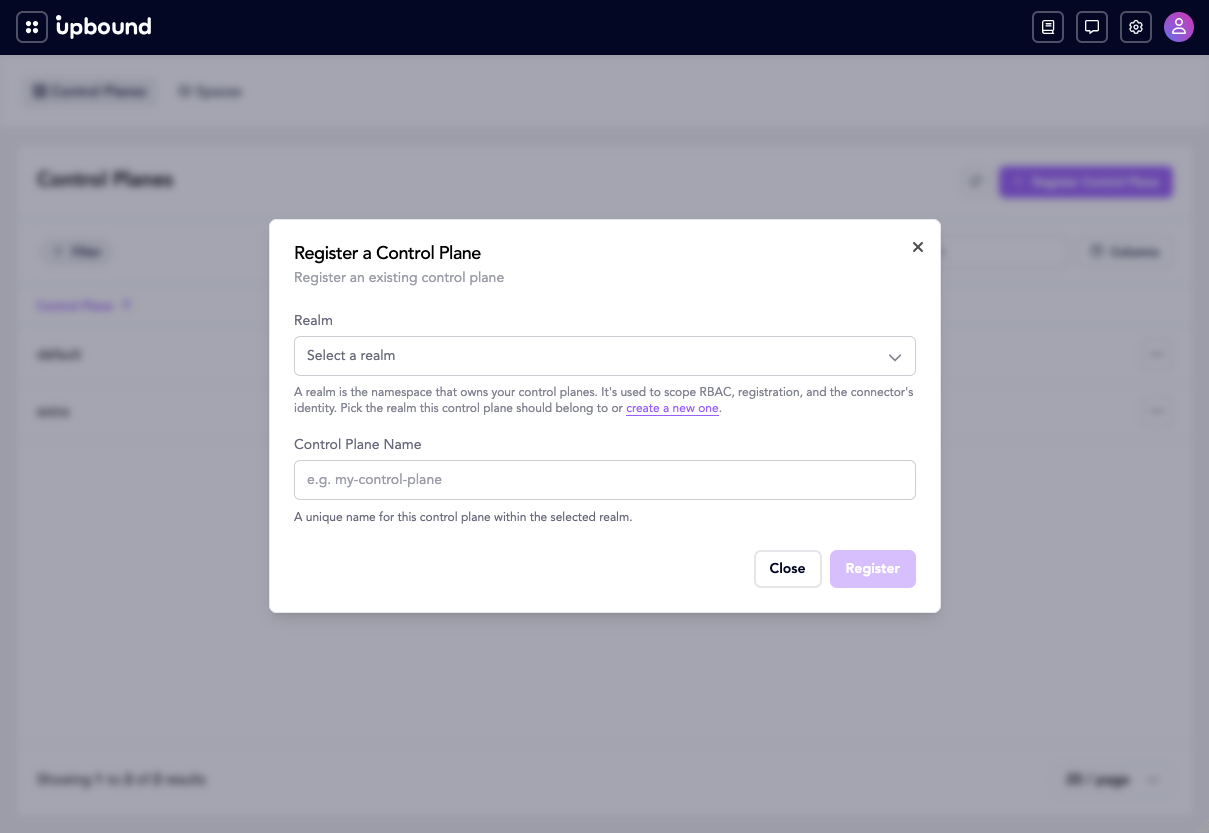 The Register a Control Plane dialog with realm and name fields
